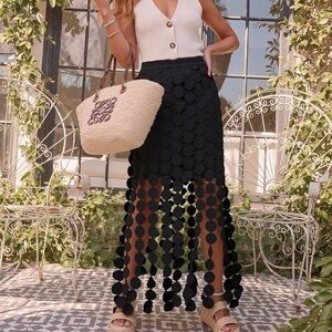 Boho Black Fringe Circle Cutout Maxi Skirt| Elastic Waist| Size Medium|  NWOT